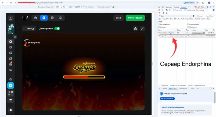Скриншот инструмента DevTools: сетевые запросы к серверу Endorphina