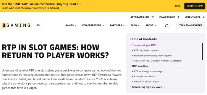 Статья о работе RTP в слотах на сайте провайдера BGaming